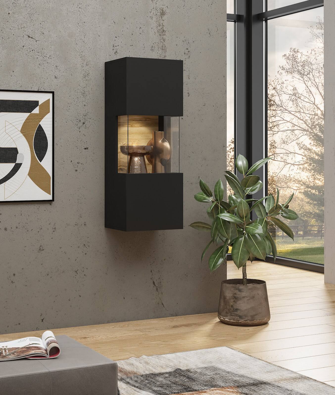 Ava hanging display cabinet with 1 door, black / Wotan oak - Image 3