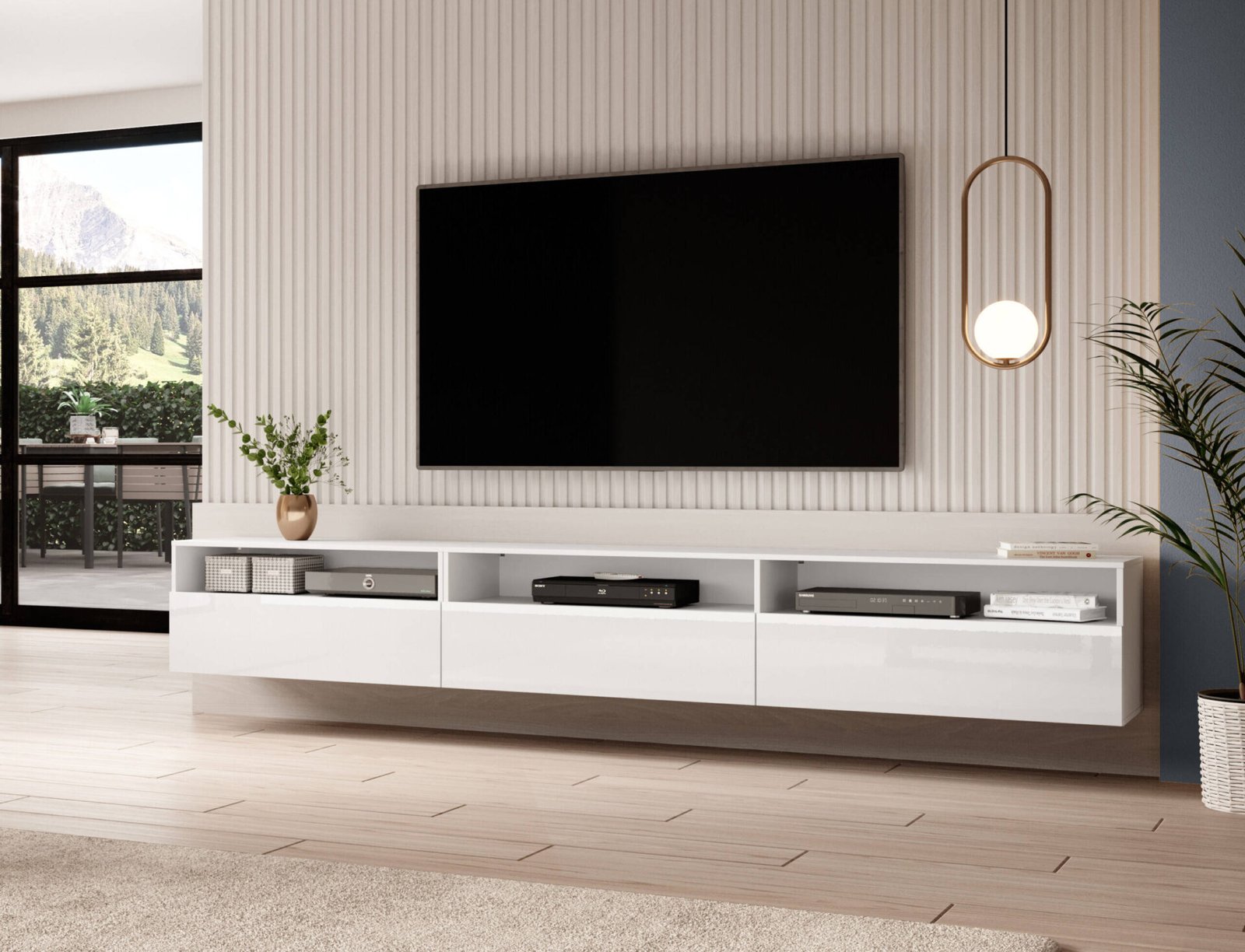 Baros 3-door TV cabinet, white / glossy white - Image 4