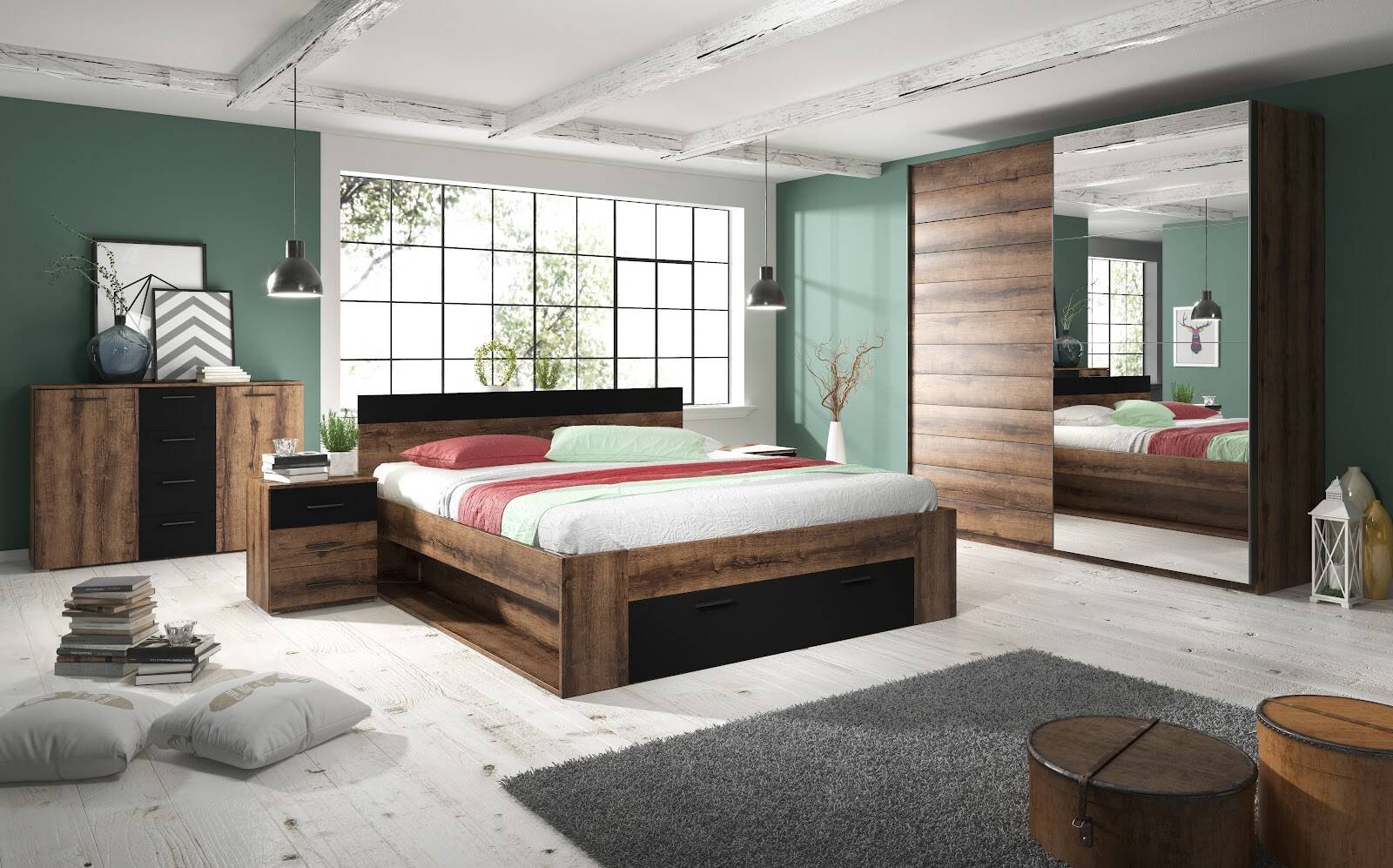 Beta bedside table with 3 drawers, Monastery oak/black - Image 2