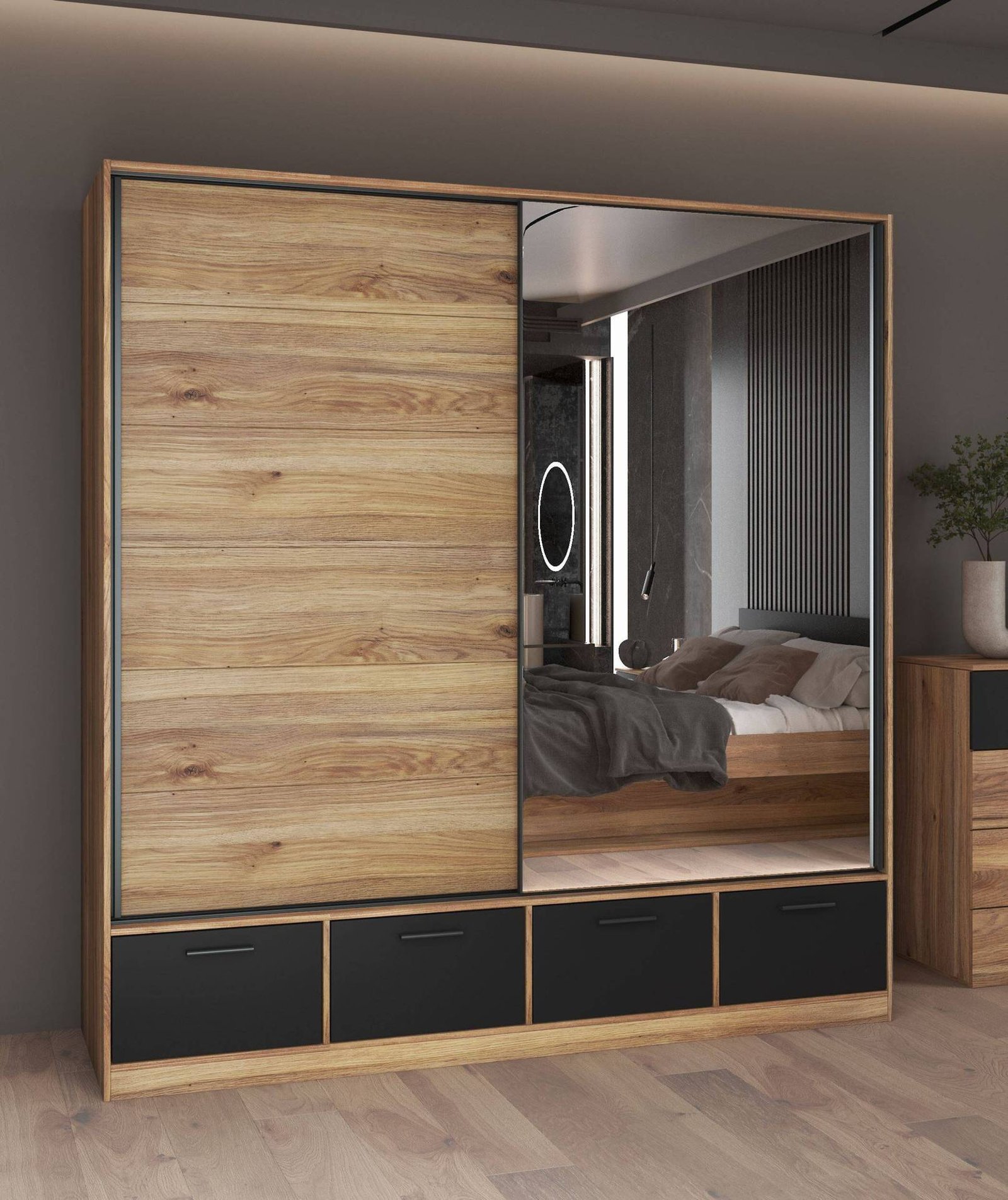 Beta – Wardrobe 2D4S with mirror, Mauvella Oak matte black - Image 4
