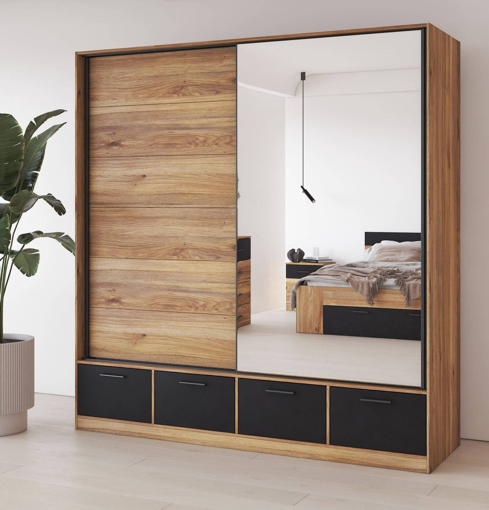 Beta – Wardrobe 2D4S with mirror, Mauvella Oak matte black - Image 5