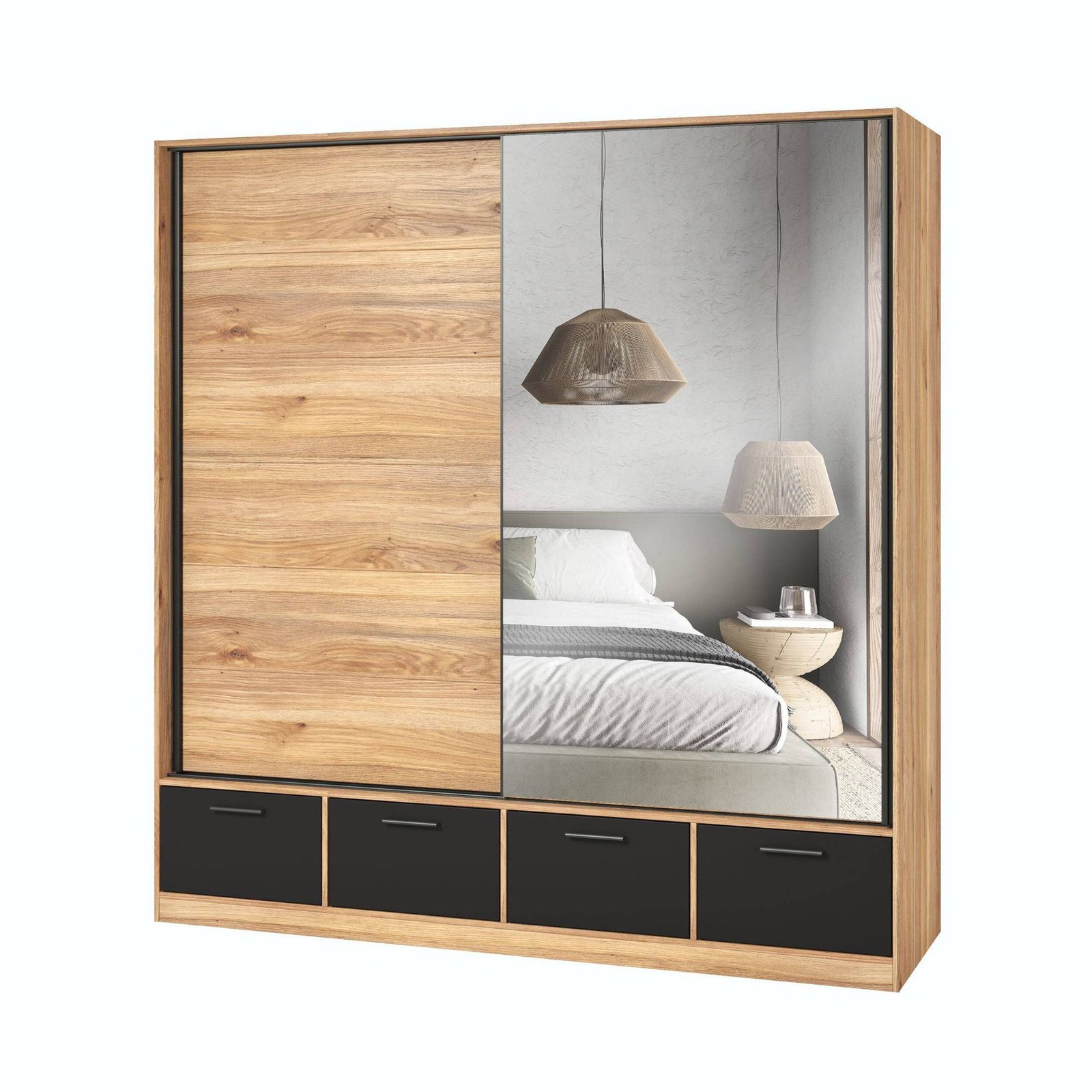 Beta – Wardrobe 2D4S with mirror, Mauvella Oak matte black - Image 3