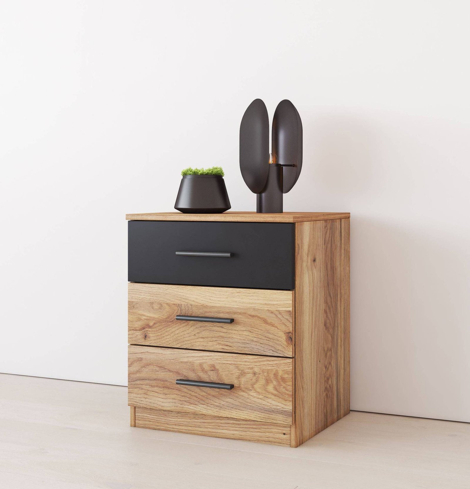 Beta - bedside table with 3 drawers, Mauvella oak, matte black - Image 3