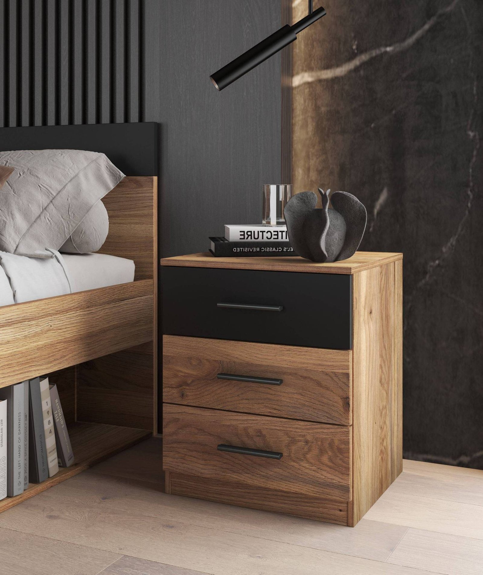 Beta - bedside table with 3 drawers, Mauvella oak, matte black - Image 4