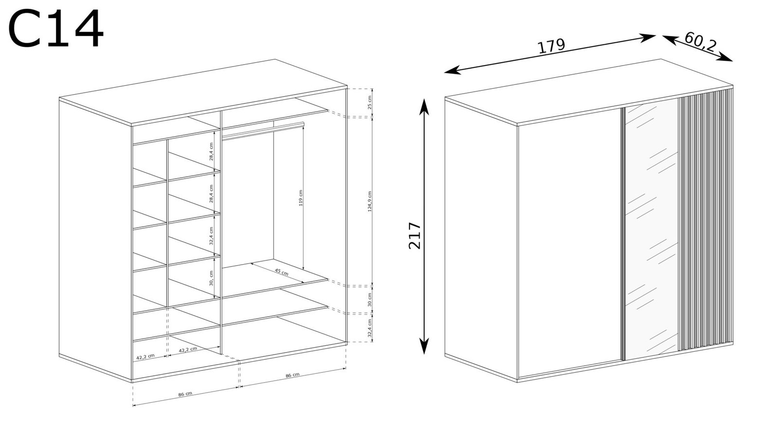 CALI-14 - 2D wardrobe with mirror and sliding doors, Artisan - Image 4