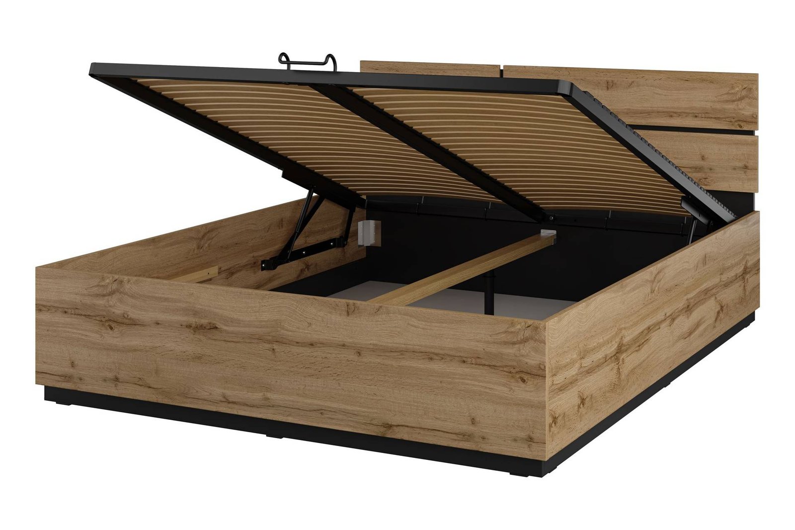 Cross S - bed with slatted base and frame, 160 cm, Wotan oak black onyx matt color