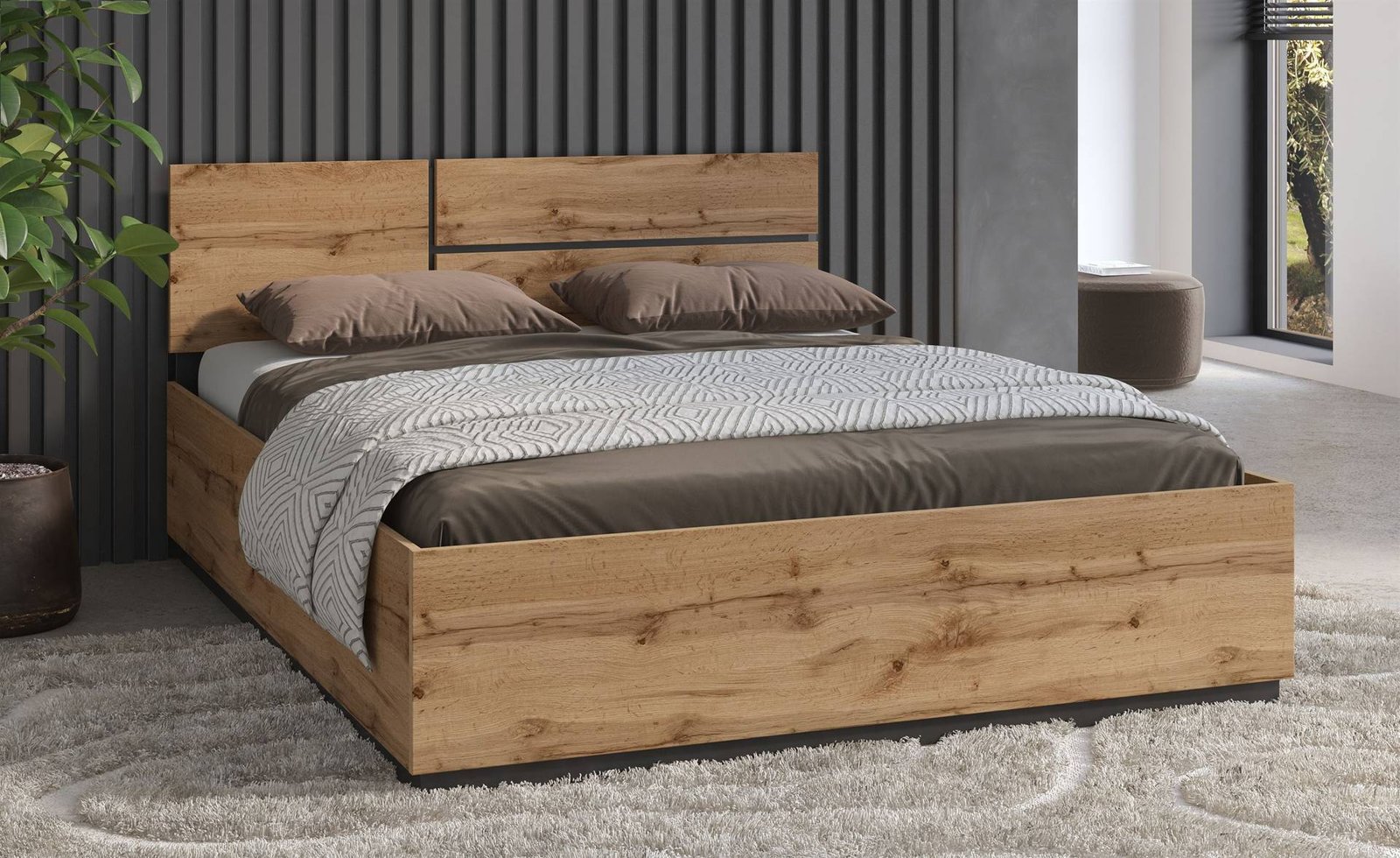 Cross S - bed with slatted base and frame, 180 cm, Wotan oak black onyx matt color - Image 3