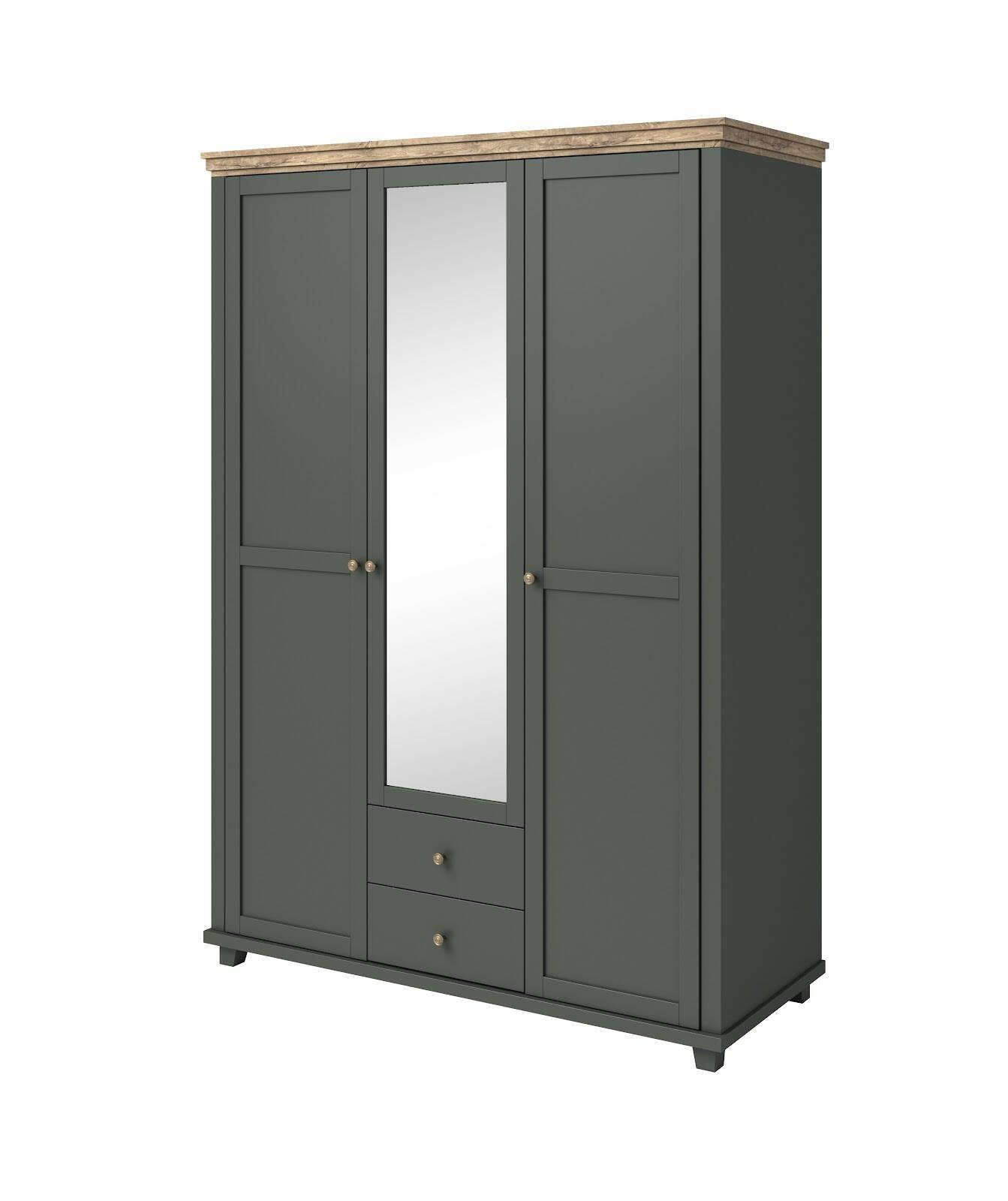 Evora S wardrobe 3D2S with mirror, green / Lefkas oak