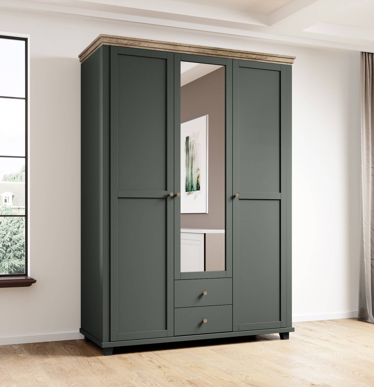 Evora S wardrobe 3D2S with mirror, green / Lefkas oak - Image 2