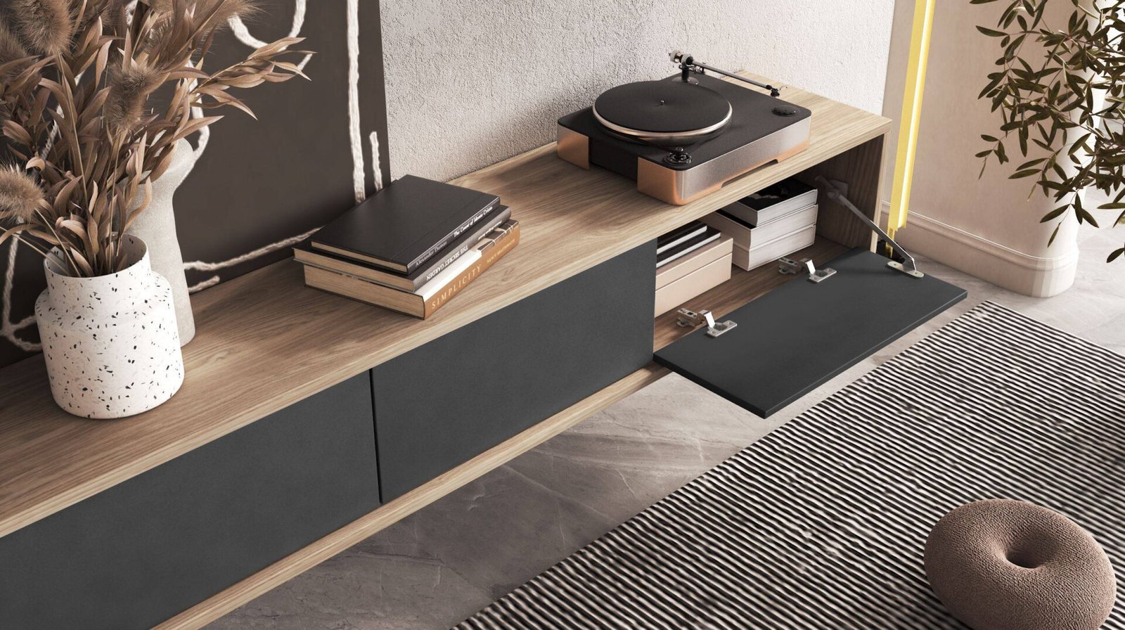 Frida - 3-door TV cabinet, oiled oak, matte anthracite color - Image 7
