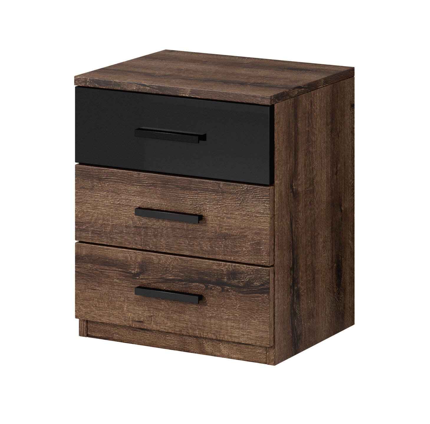 Galaxy bedside table, 3 drawers, Monastery Oak / glossy black