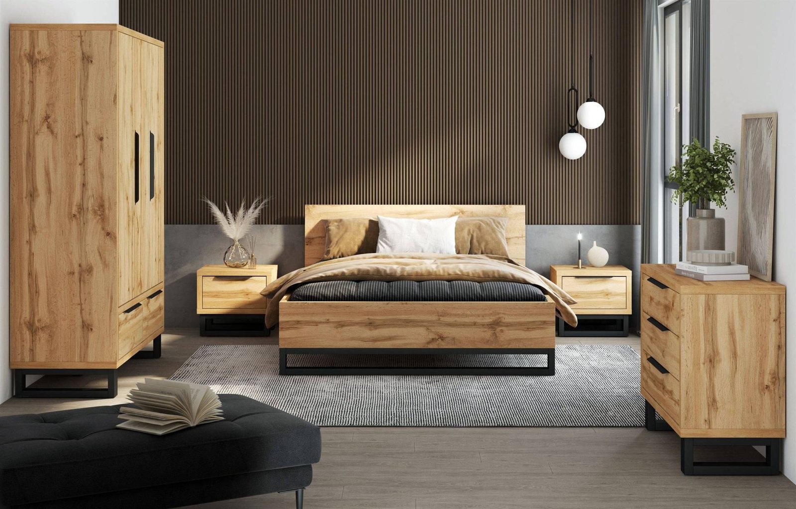 Halle S – Bed with storage box and frame, 180x200 cm, Wotan oak, matte black - Image 6