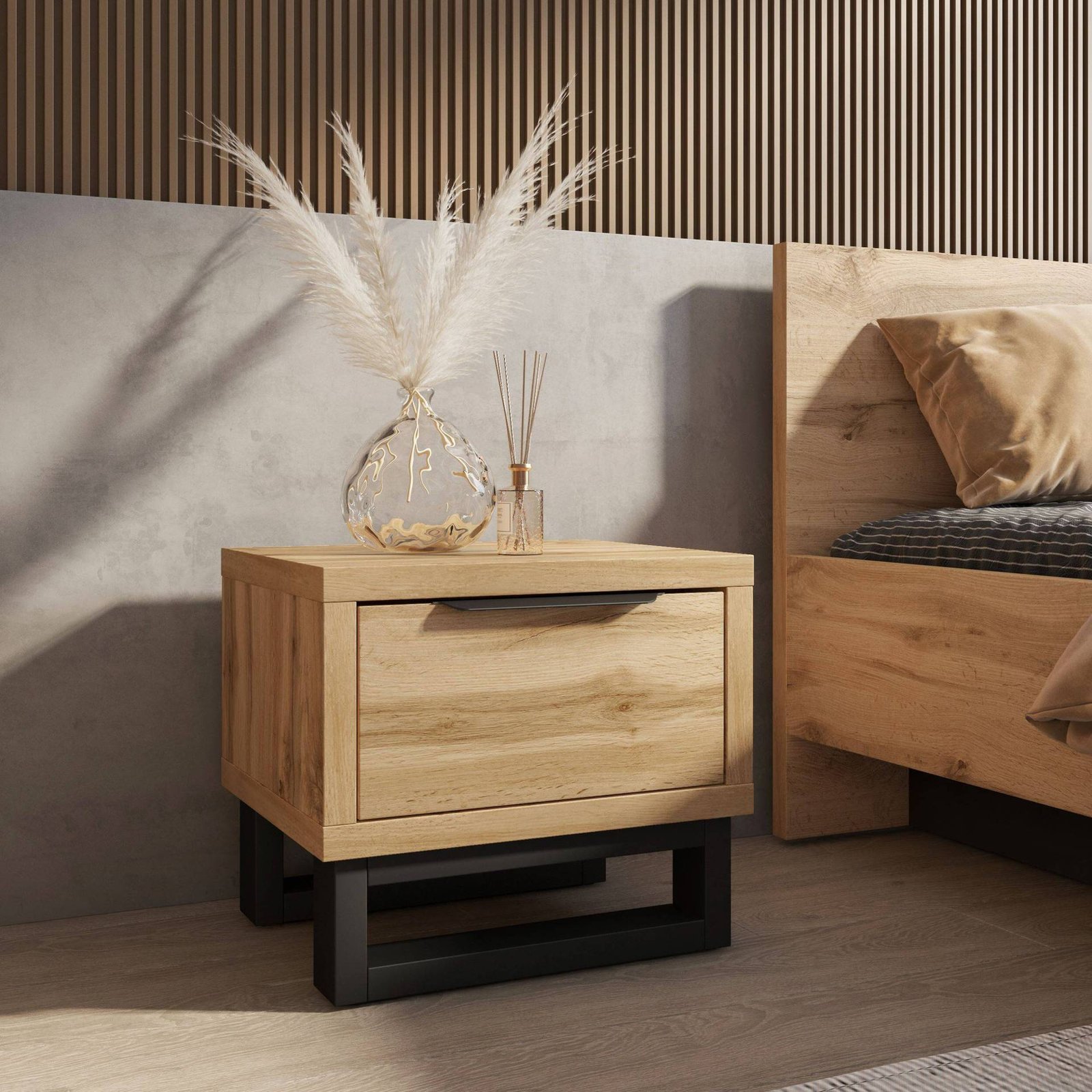 Halle S - bedside table with 1 drawer, Wotan oak, matte black - Image 4
