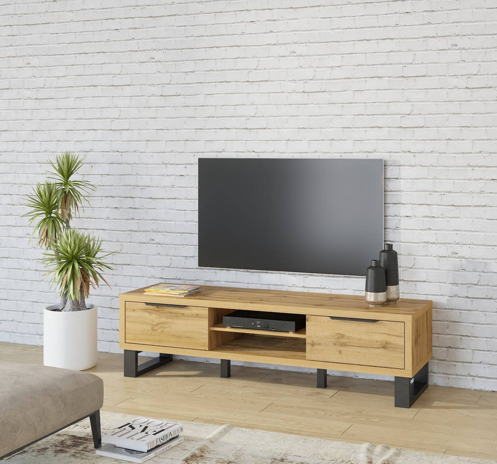 Halle WM TV cabinet with 2 drawers, large, oak color, Wotan - Image 3