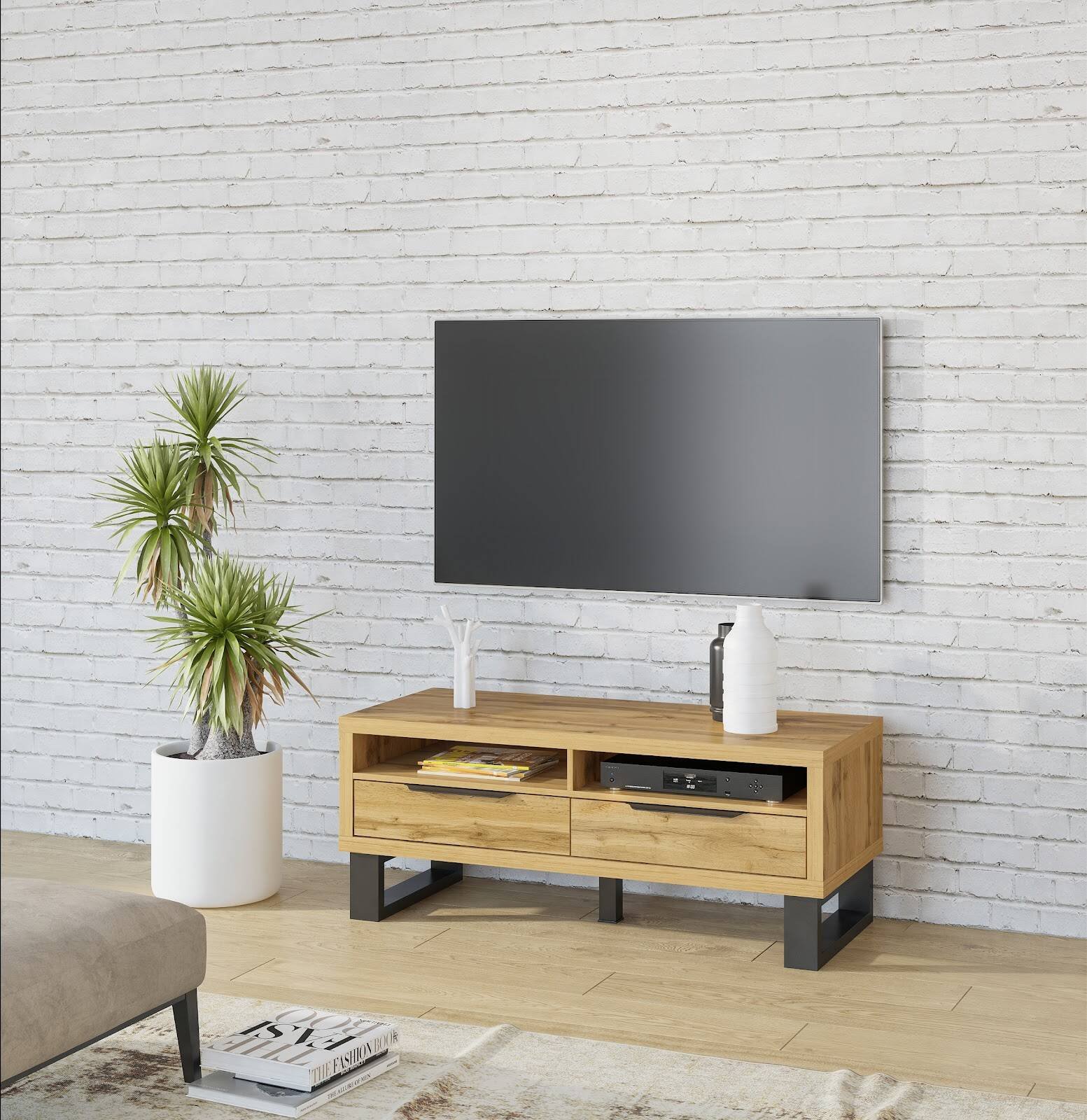 Halle WM TV cabinet with 2 drawers, small, oak color, Wotan - Image 2