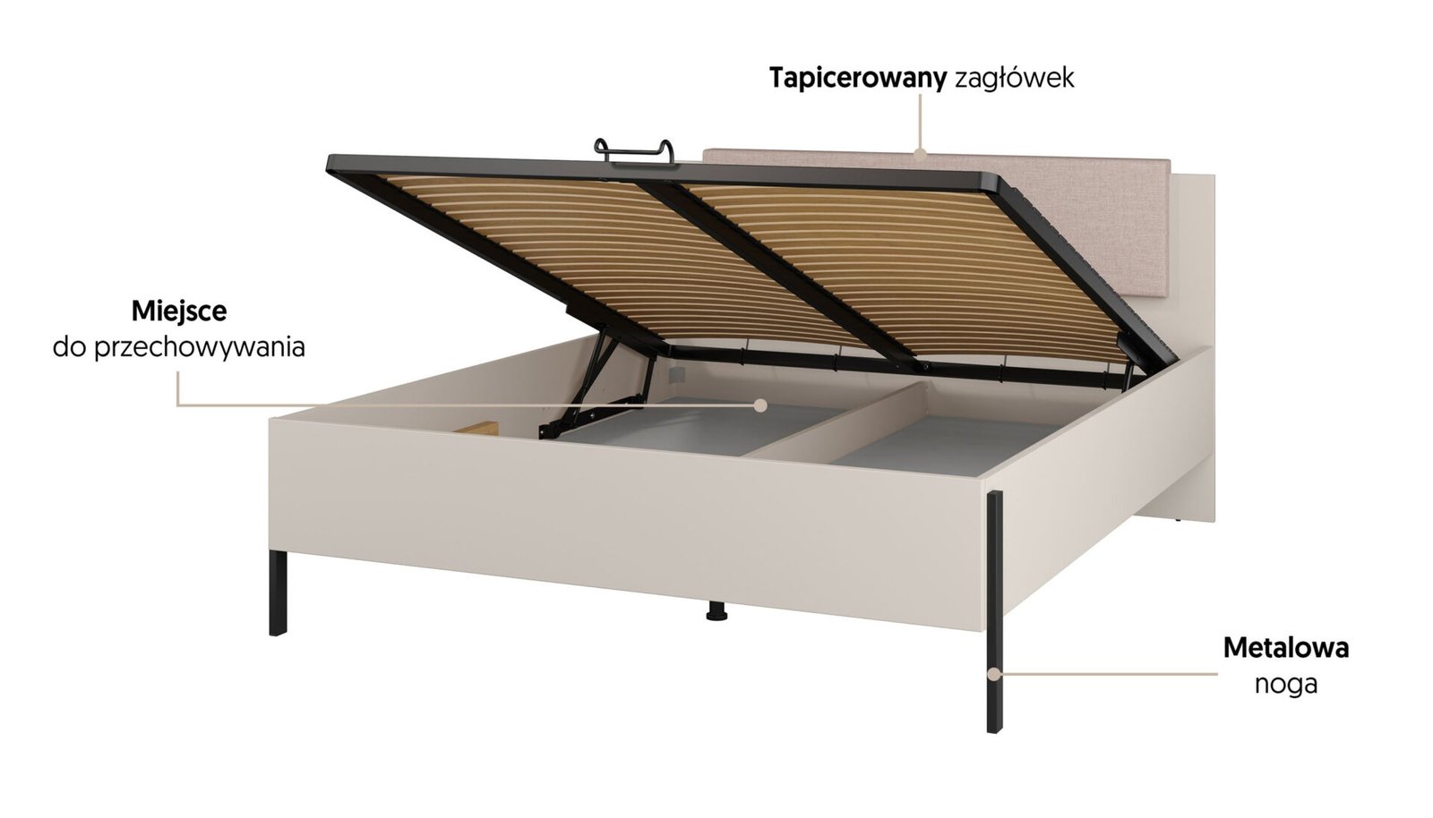 Yukon S - 160 cm bed with storage box, cashmere color, black metal legs - Image 2