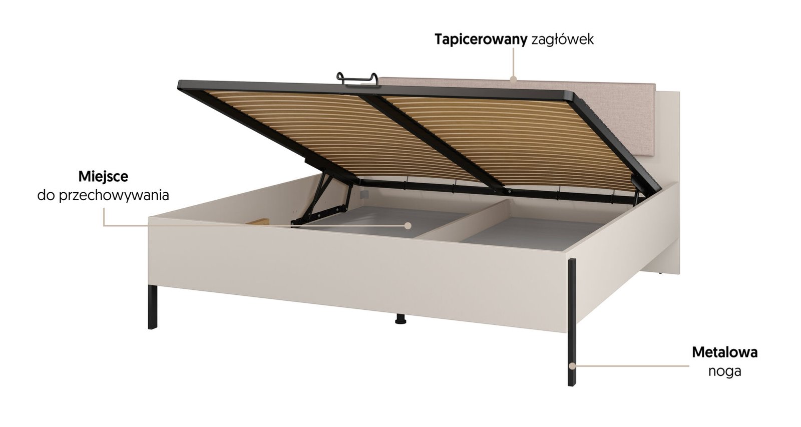 Yukon S - 180 cm bed with storage box, cashmere color, black metal legs - Image 2