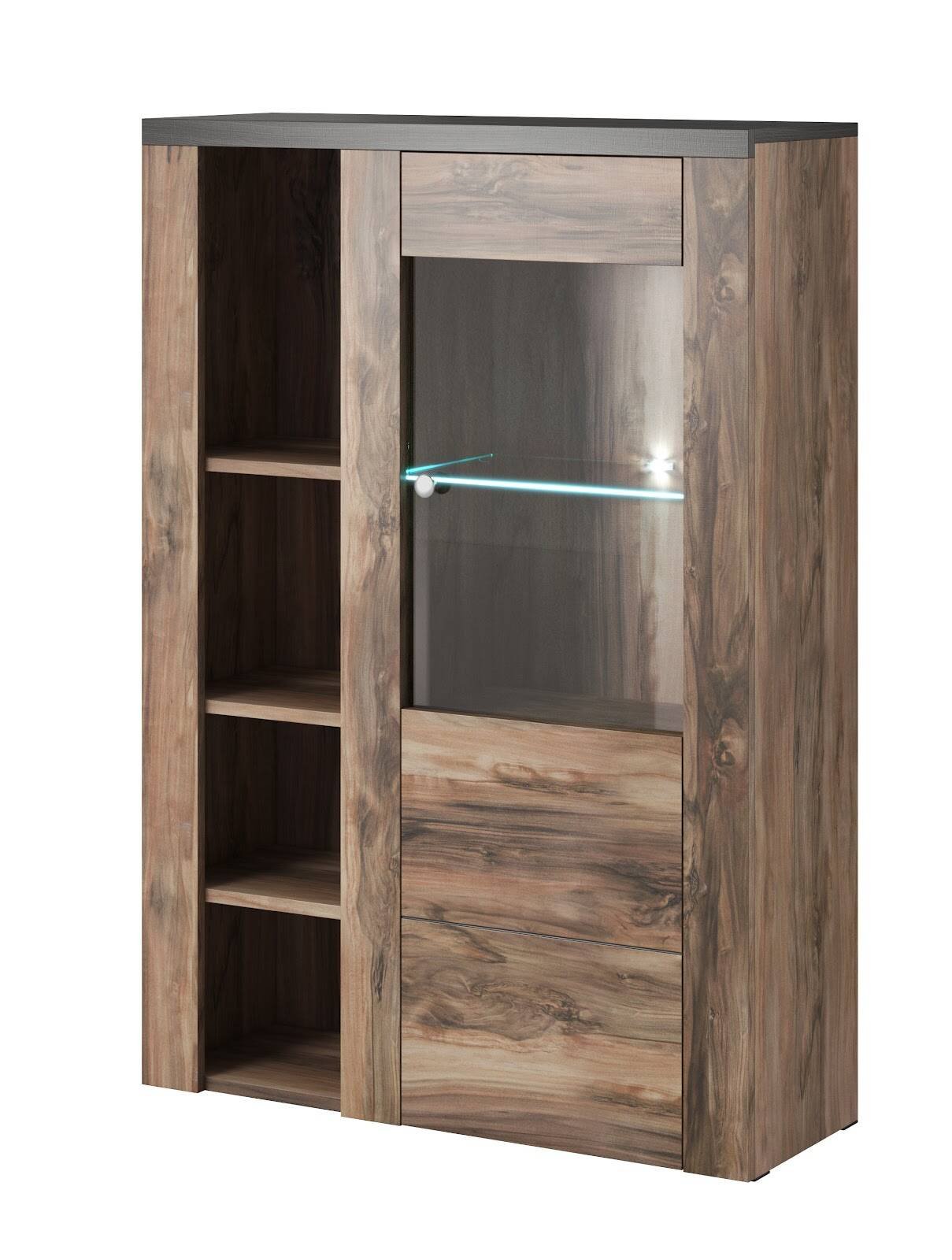 Larona high chest of drawers with 1 door, satin walnut/rainwood