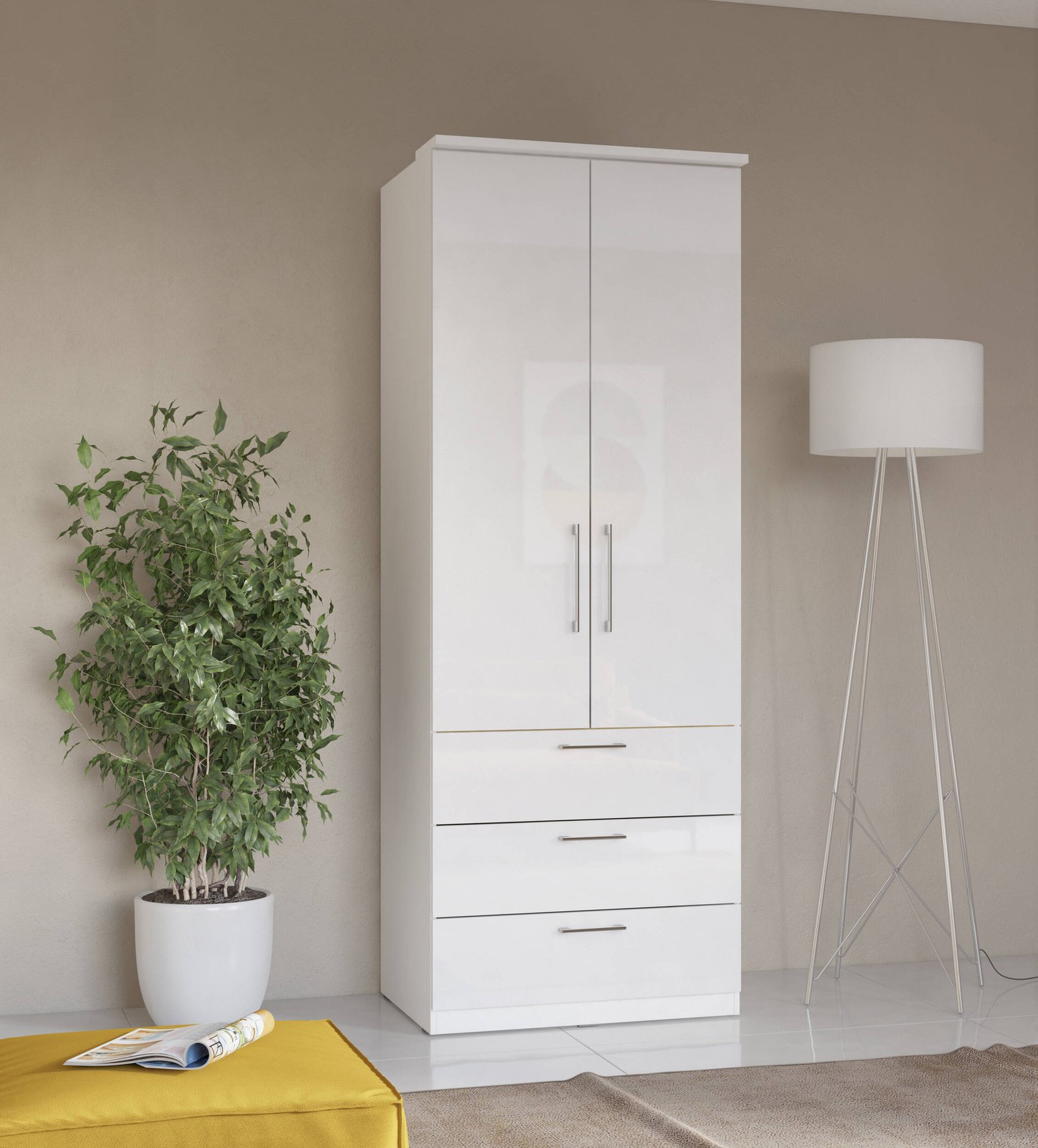 Optima wardrobe 2D3S, white / glossy white - Image 3