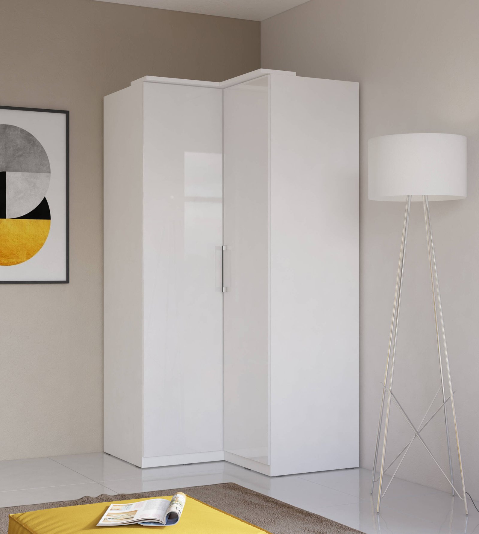 Optima 2-door corner wardrobe, white / glossy white - Image 3