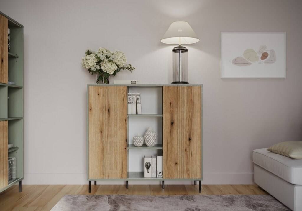 Pozzi POZK02 - two-door chest of drawers in gray-green / coastal oak - Image 3