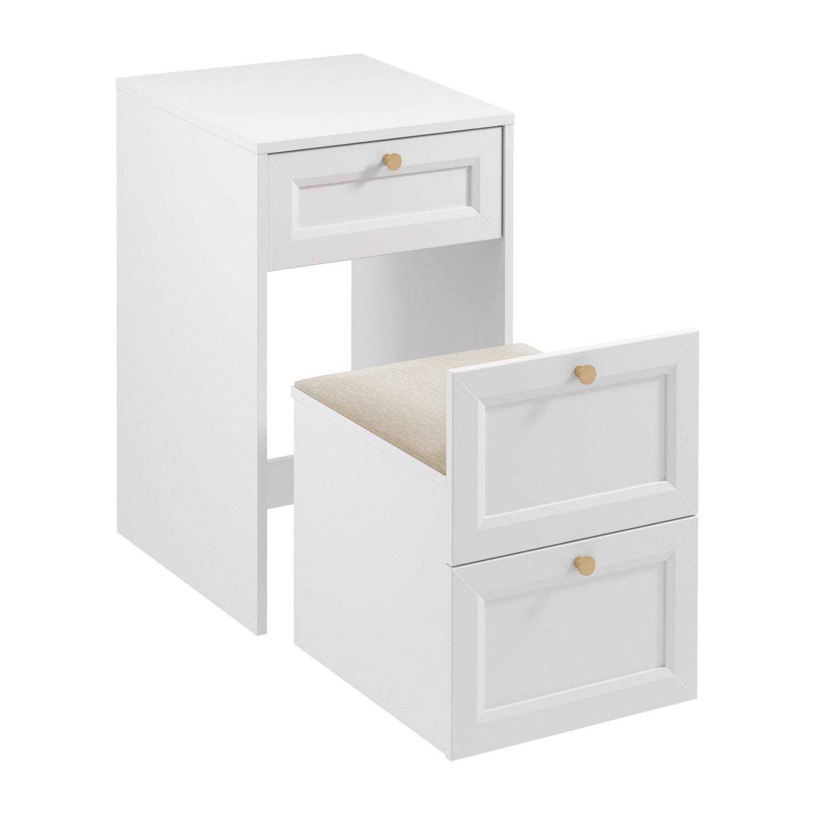 Rel TS - Sliding dressing table with mirror and seat, matte platinum white