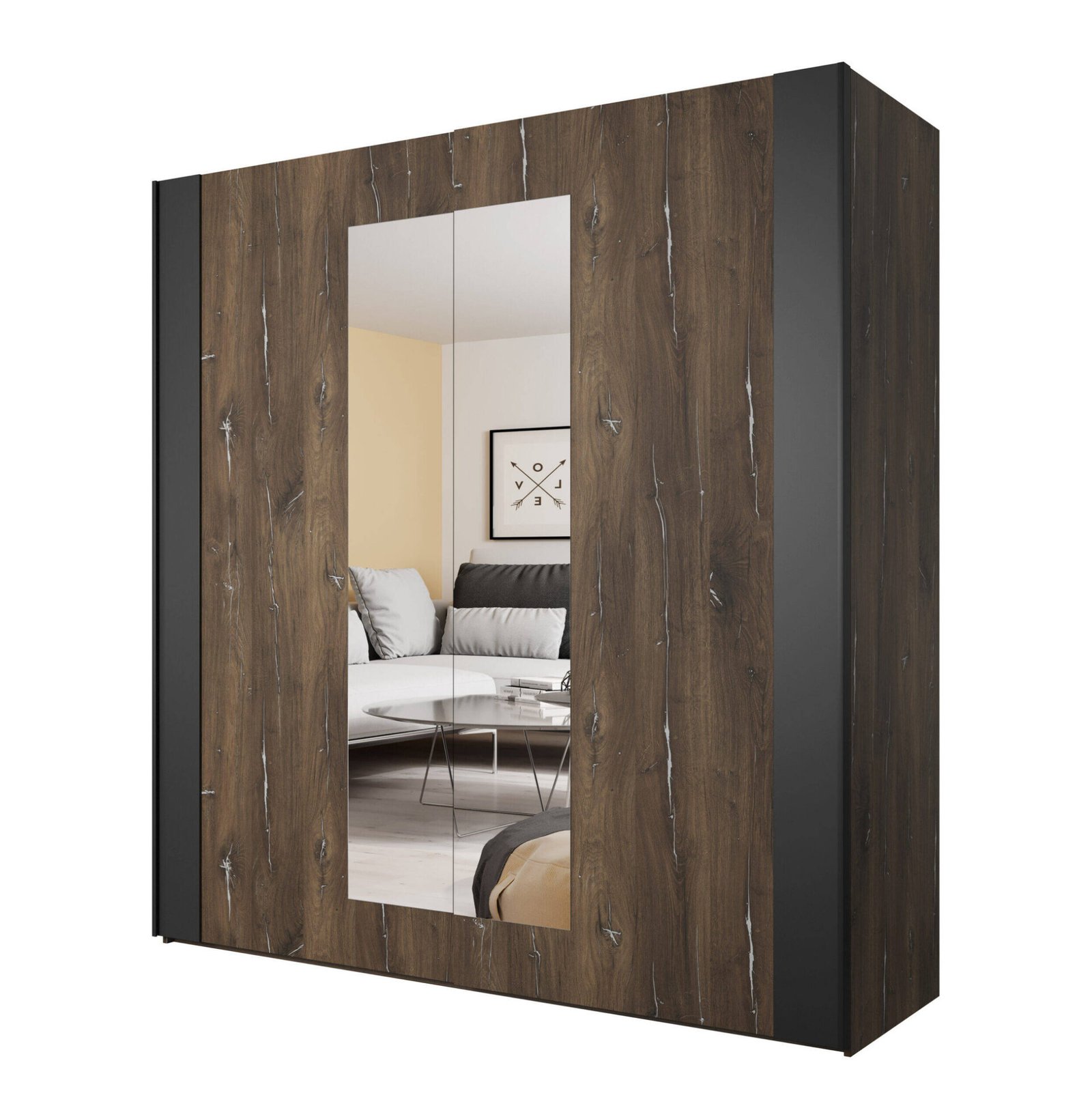 Sigma two-door wardrobe with mirrors, Flagstaff oak / matte black