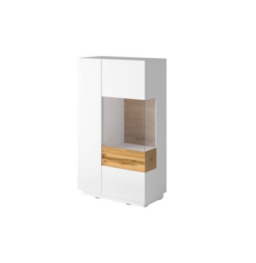 Silke high chest of drawers with 2 doors, right, glossy white / Wotan oak
