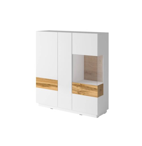 Silke high chest of drawers with 3 doors, glossy white / Wotan oak