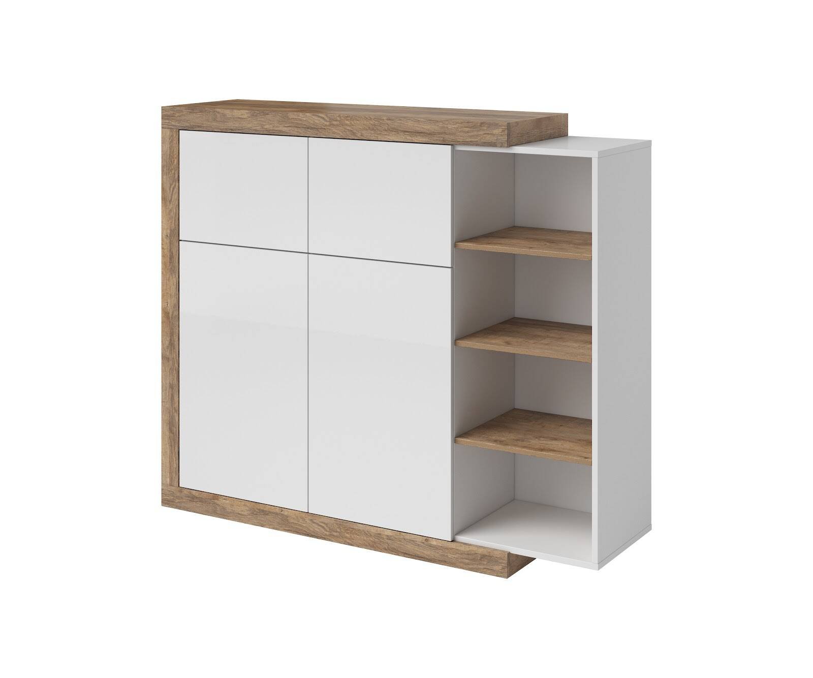 Sintra high chest of drawers with 4 doors, glossy white / Samdal oak