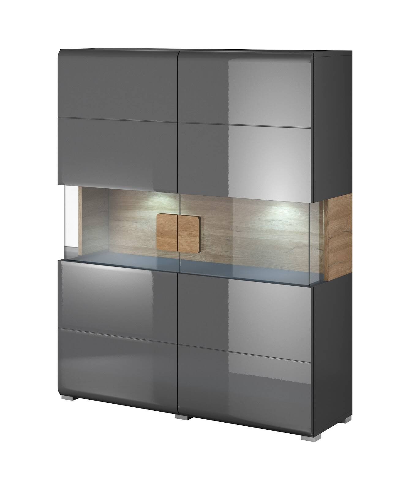 Toledo WM high chest of drawers with two doors, glossy anthracite / Grandson oak