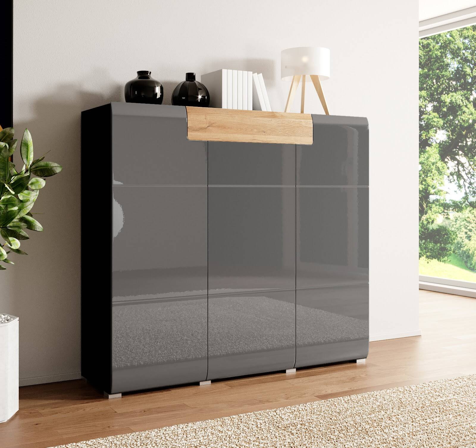 Toledo WM high chest of drawers, 3D1S, glossy anthracite / Grandson oak - Image 2