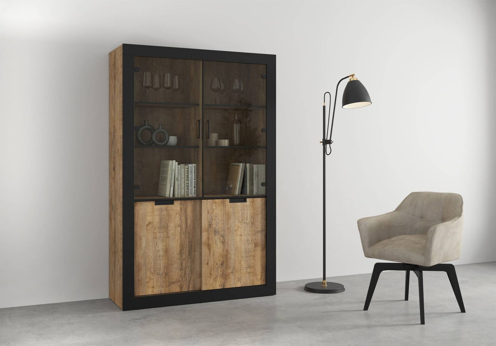 Tudor - 4-door display cabinet, Samdal oak, matte black - Image 4