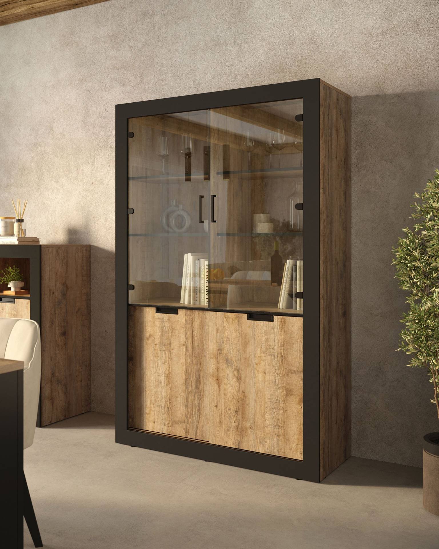 Tudor - 4-door display cabinet, Samdal oak, matte black - Image 5