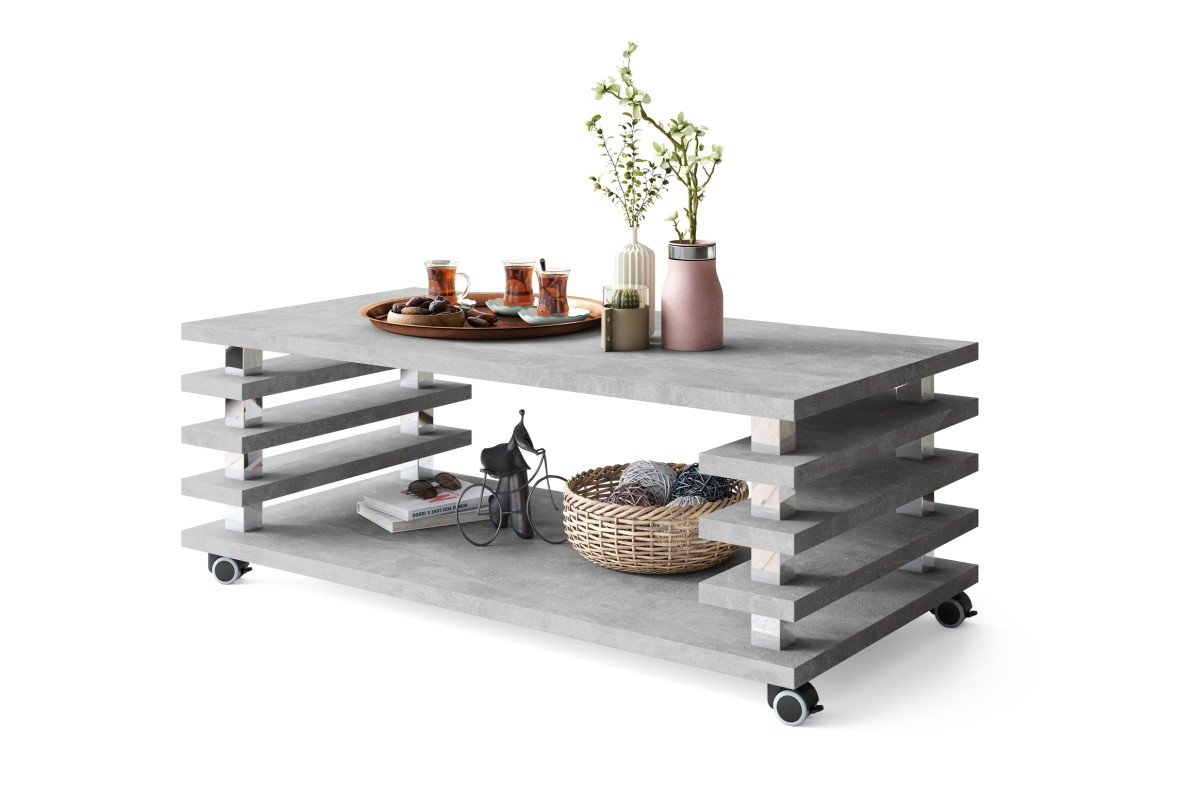 PORTO light concrete studio - MODERN coffee table with 2 in 1 lattice-shaped arms on casters/legs