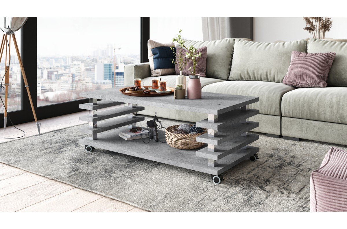 PORTO Millennium Concrete - MODERN COFFEE TABLE WITH 2 IN 1 TABLES ON WHEELS/LEGS - Image 2
