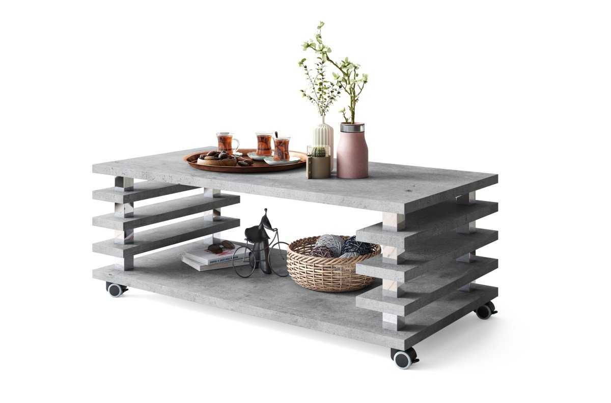 PORTO Millennium Concrete - MODERN COFFEE TABLE WITH 2 IN 1 TABLES ON WHEELS/LEGS
