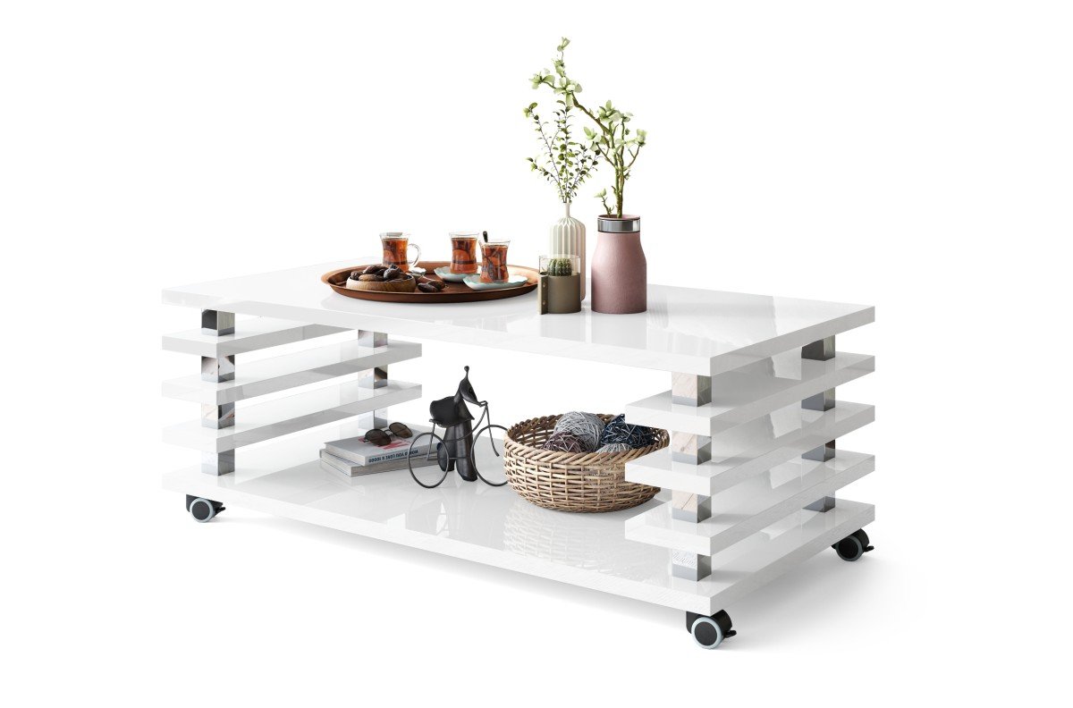 PORTO white glossy - MODERN coffee table with 2 in 1 lattice sleeves on casters/legs