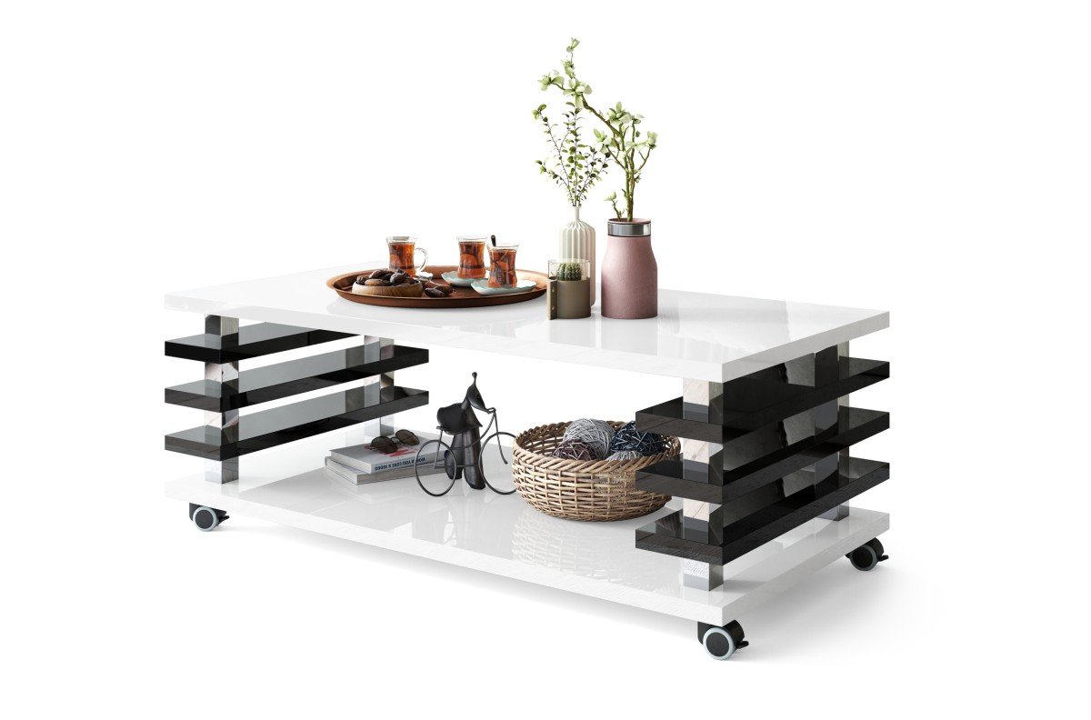 PORTO glossy white/glossy black - MODERN COFFEE TABLE WITH 2 TABLES IN ONE ON WHEELS/LEGS