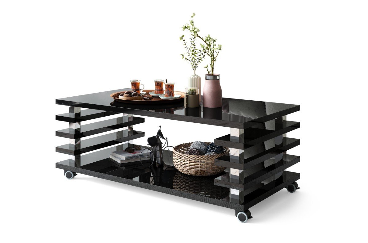PORTO black glossy - modern coffee table with 2 in 1 lattice sleeves on casters/legs