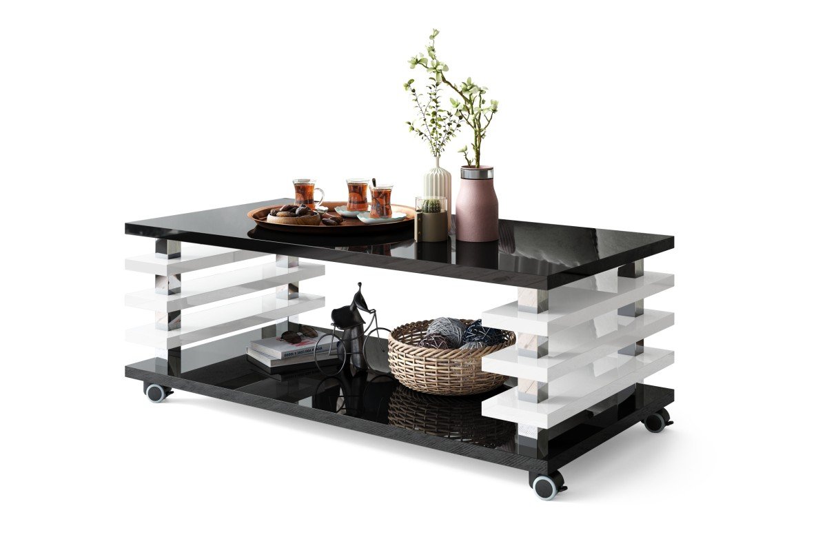PORTO glossy black/glossy white - MODERN COFFEE TABLE WITH 2 TABLES IN ONE ON WHEELS/LEGS
