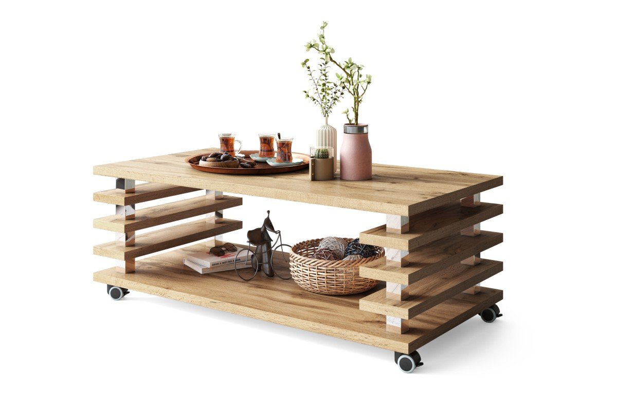 PORTO Wotan Oak - MODERN COFFEE TABLE WITH 2 IN 1 TABLES ON WHEELS/LEGS
