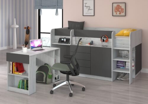 Bunk bed, desk, chest of drawers, mezzanine, EMI P craft, white graphite
