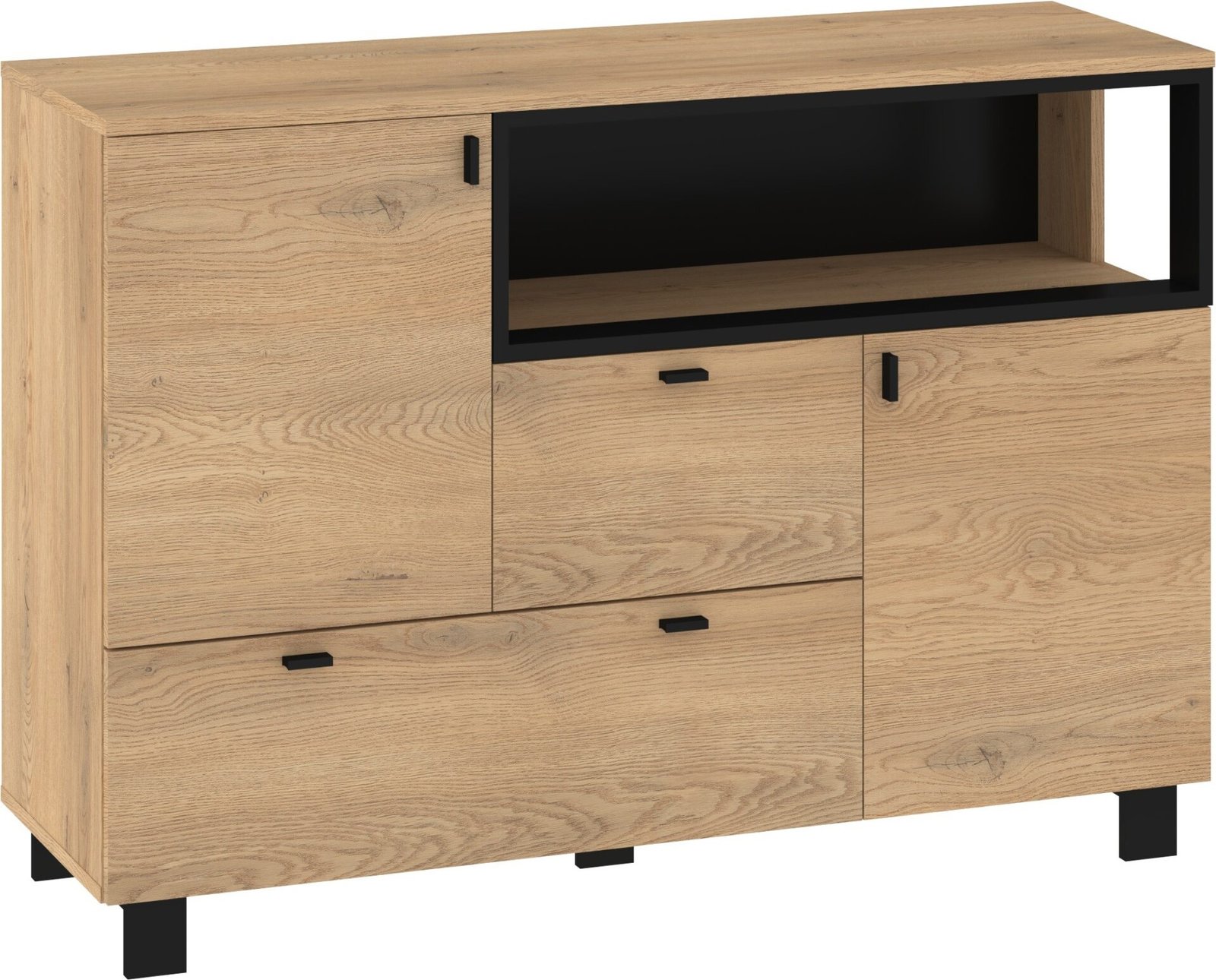 VEGAS 02 furniture large chest of drawers with doors for living room, cream oak color, black