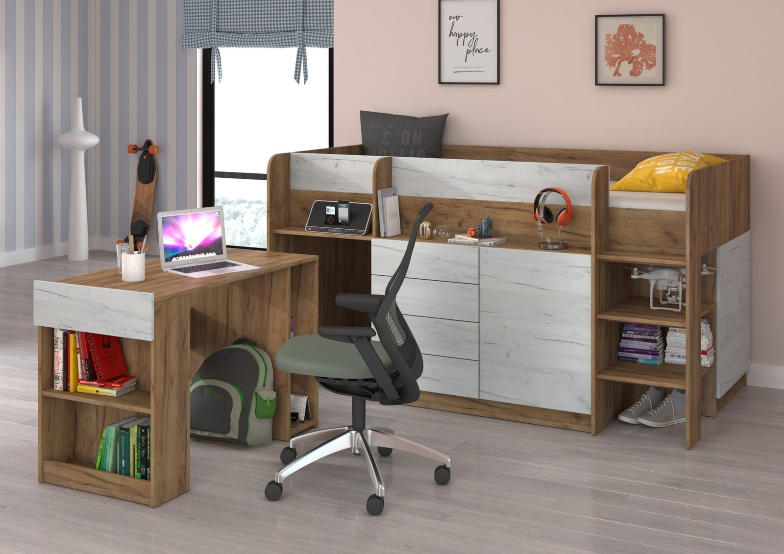 EMI P bunk bed, desk, mezzanine chest of drawers, golden oak / white craft