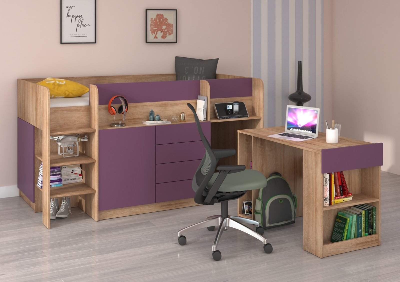 EMI L bunk bed, desk, chest of drawers, mezzanine, Sonoma oak, purple