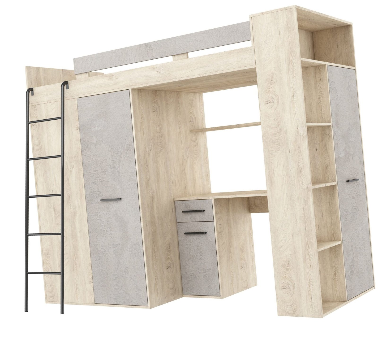 RAVENA L mezzanine with table, wardrobe and chest of drawers, painted oak, concrete - Image 7