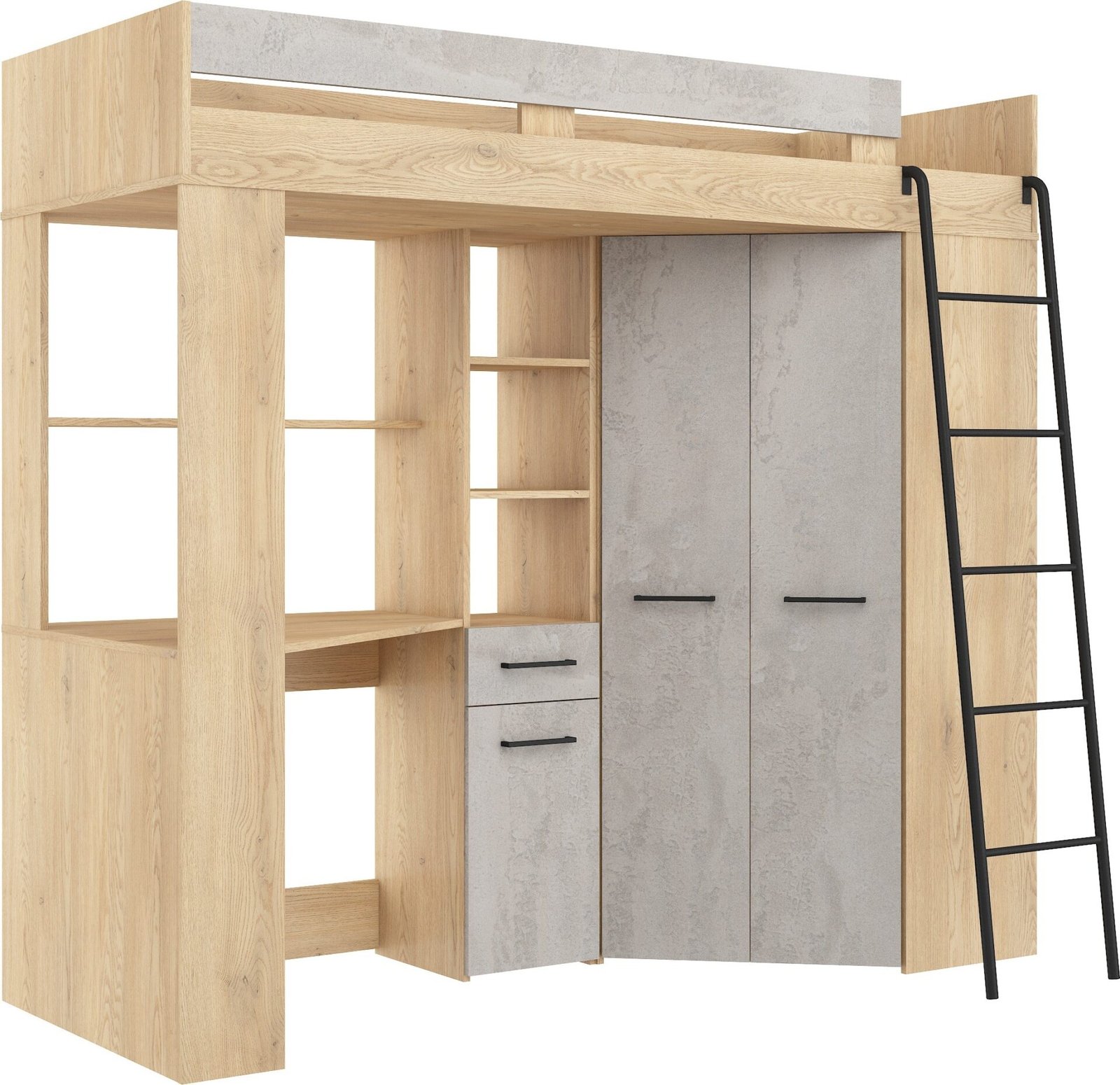 FLO P bunk bed with table, corner wardrobe, mezzanine, Cremona oak, concrete