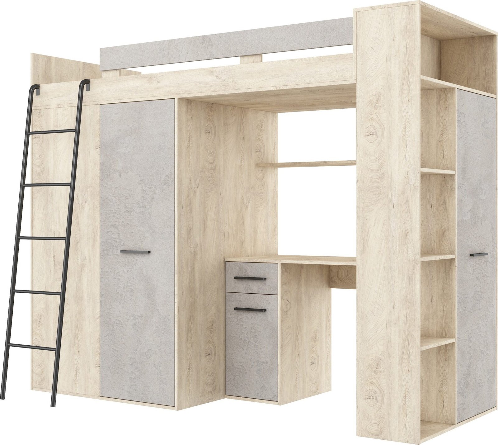 RAVENA L mezzanine with table, wardrobe and chest of drawers, painted oak, concrete