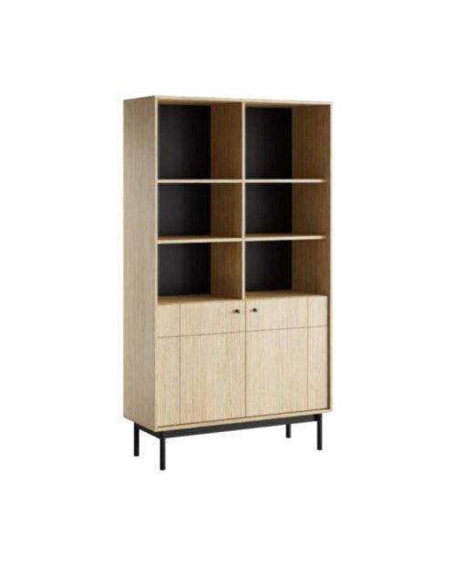 Japandi R104 bookcase, with doors, shelf niches, Linea oak/black color